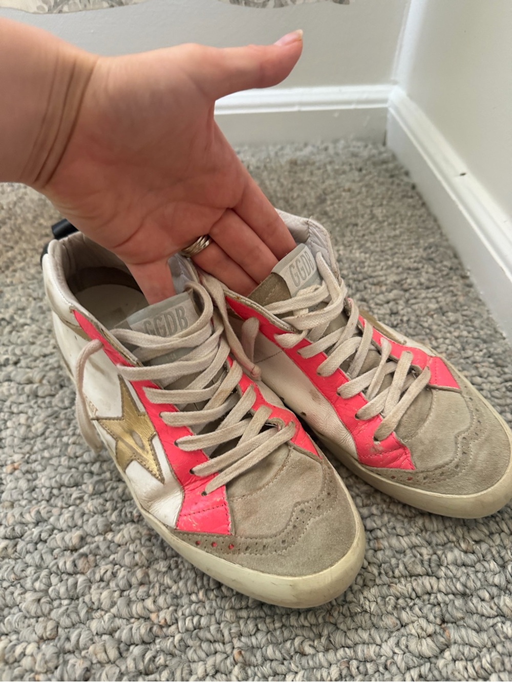Golden Goose Women's Beige Suede Sneakers with Pink Accents and Gold Star